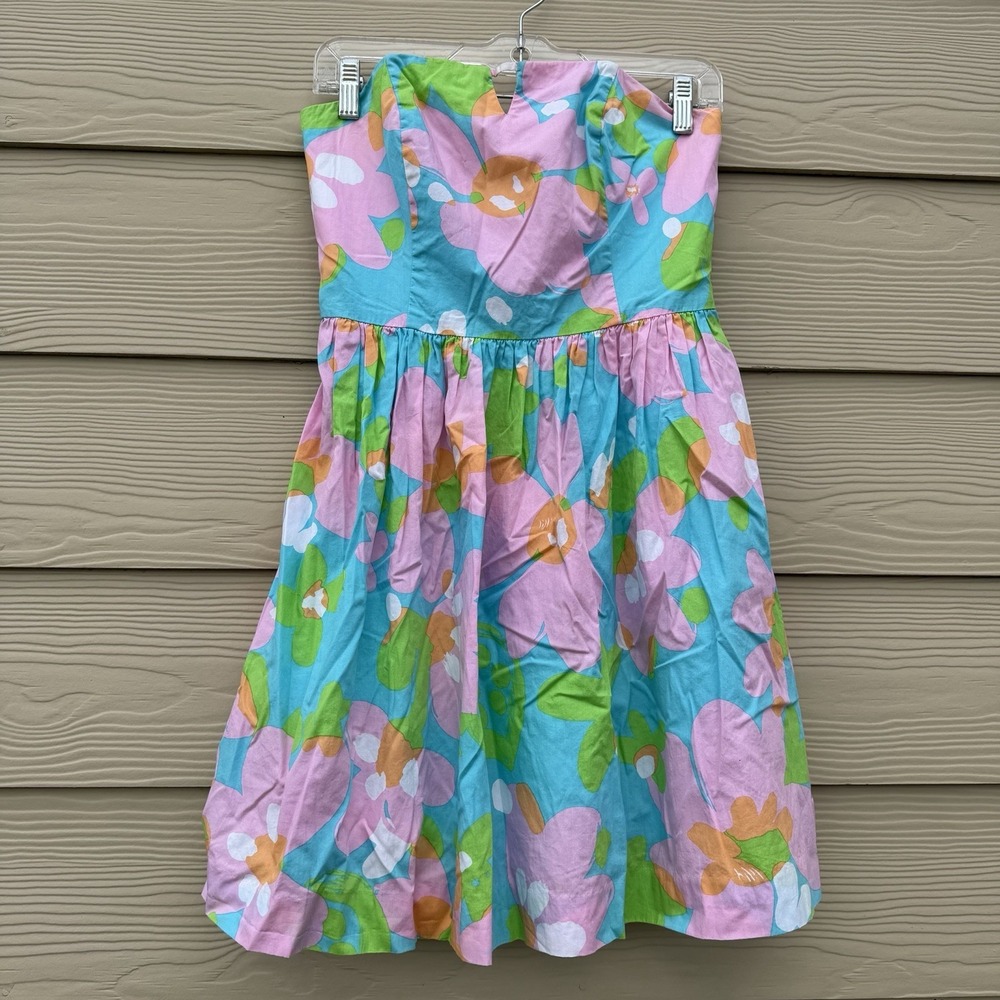 Lilly Pulitzer Y2K Floral Strapless Dress Sz4 Bow Back Fit Flare Preppy Cottage - Picture 6 of 10